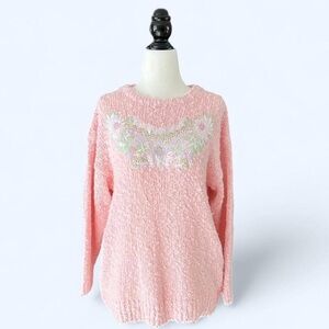 Vintage Paris Sports Club Prep Light Pink Knit Floral Embroidered Sweater Small